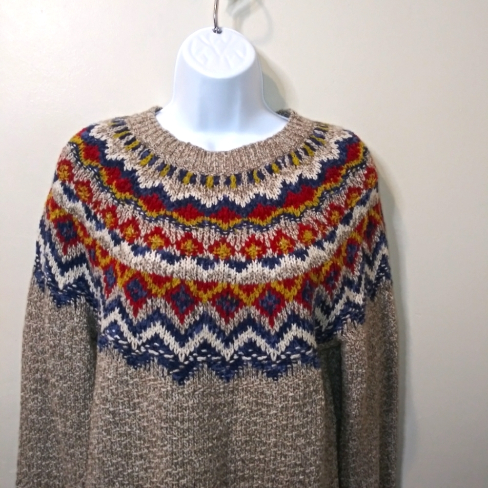 J. Jill Perfect Pumpkin Patch Taupe Blue Burgundy & Gold Fair Isle Tunic Sweater - Picture 4 of 11